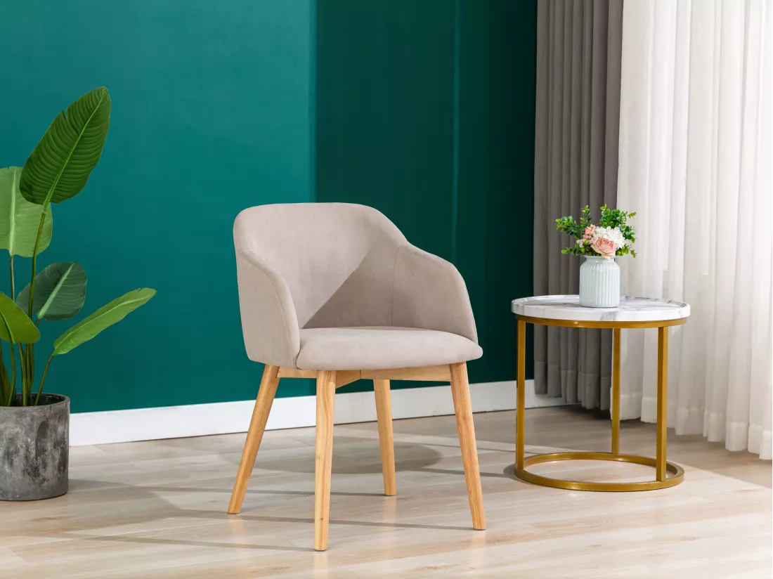 Lot de 2 chaises avec accoudoirs en tissu et bois d'hévéa - Beige - JELISA