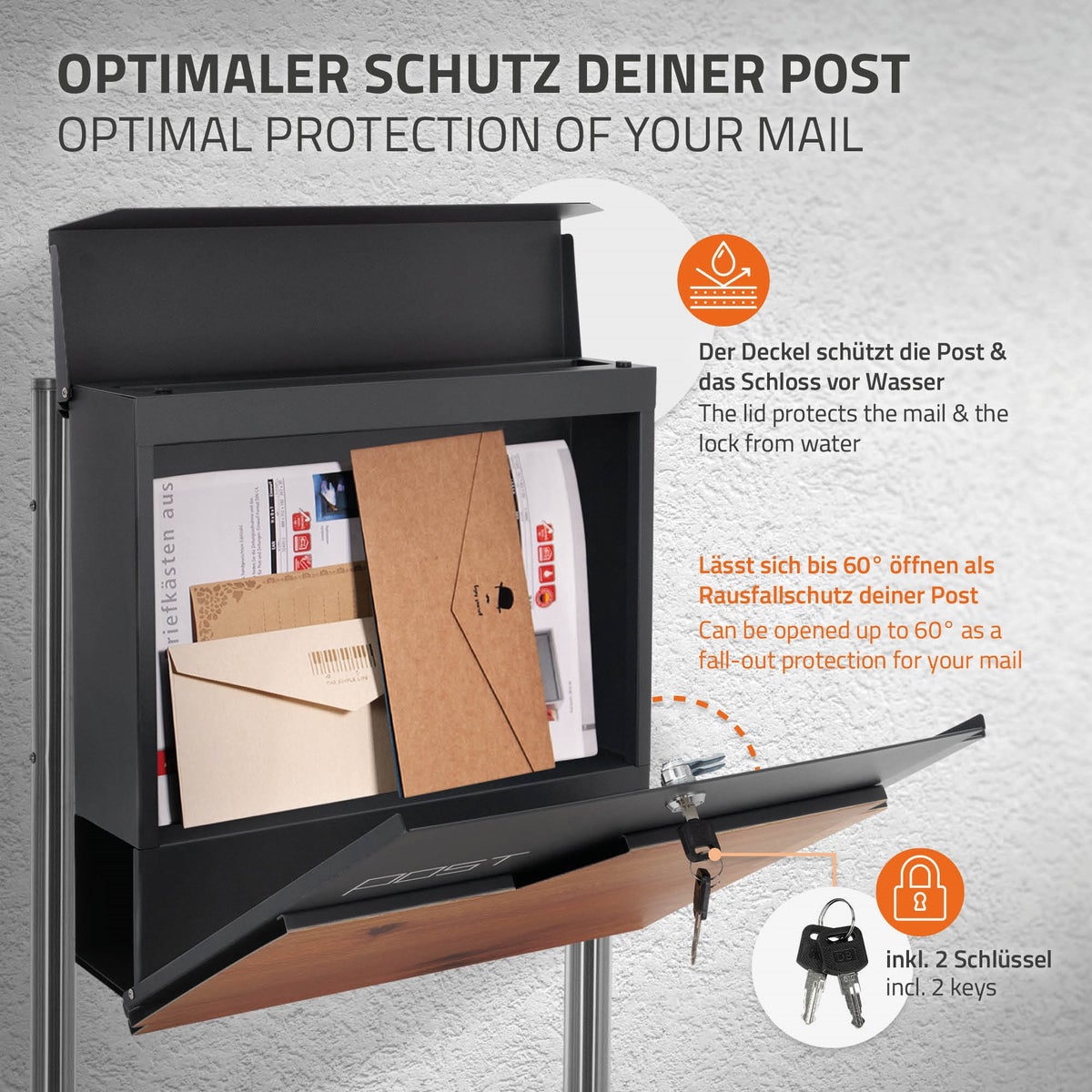 ECD Germany vrijstaande brievenbus met krantenvak, design brievenbus met post, brievenbussysteem, brievenbusstandaard zilver 120 cm roestvrij staal, brievenbus antraciet houtlook gepoedercoat roestvrij staal