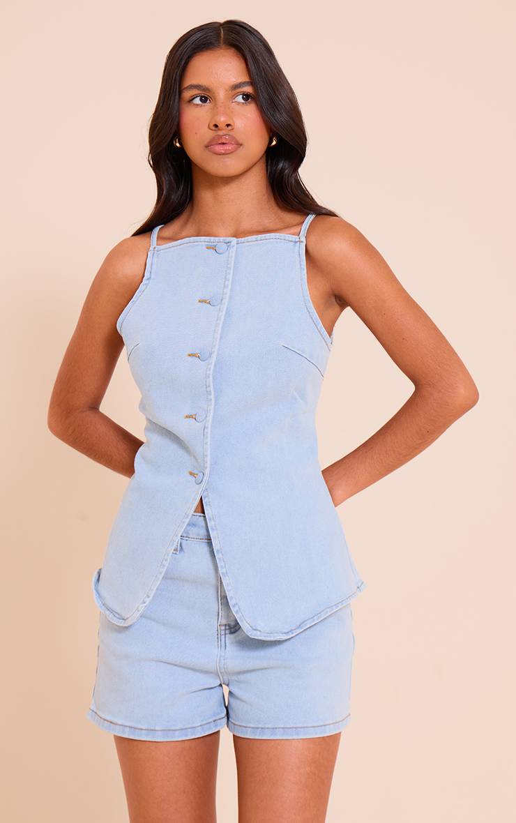 Bleu Clair Short En Jean Stretch Taille Haute Petite