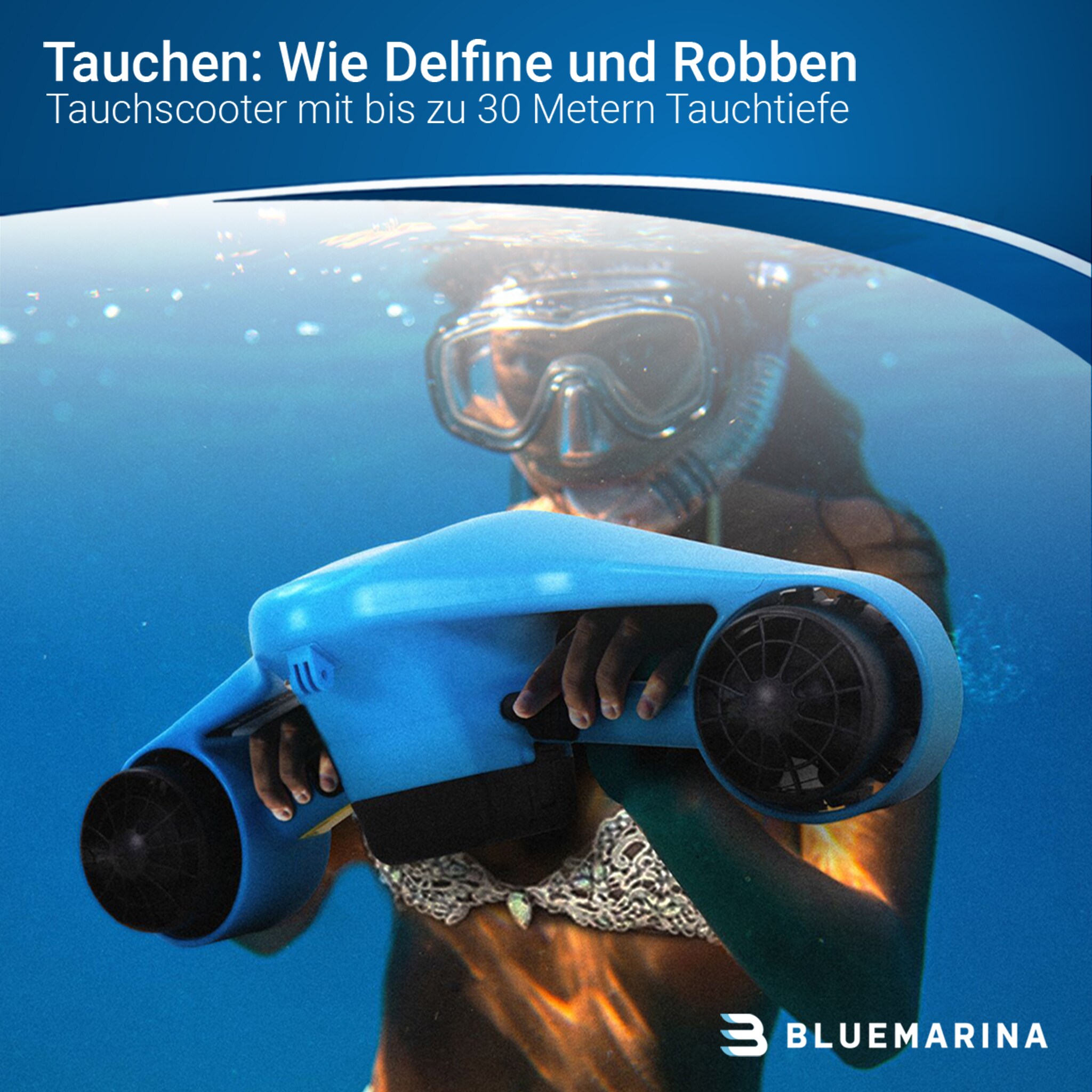 Bluemarina Tauchscooter Orca, Seascooter mit 3 Geschwindigkeiten, 30 Meter Tauchtiefe, 2 x 500 Watt