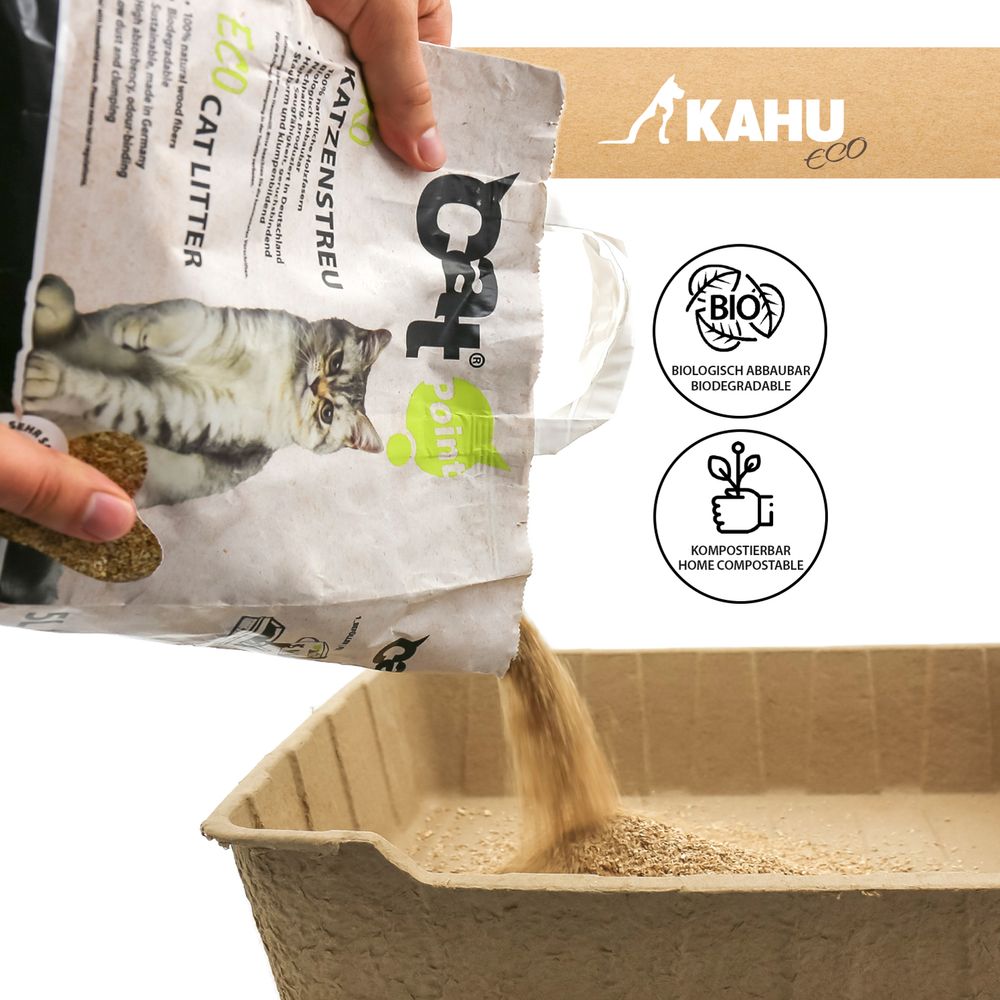 KAHU® ECO 100% natürliches Katzenstreu • Klumpstreu • Naturstreu • Bio Holz Granulat Streu • 100% kompostierbar und biologisch abbaubar • Hergestellt in Europa