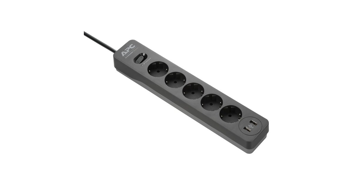 APCPME5U2B-GR stekkerdoos met overspanningsbeveiliging stekkerdoos  (Zwart, 5x stopcontact + 2x USB Surge lader)