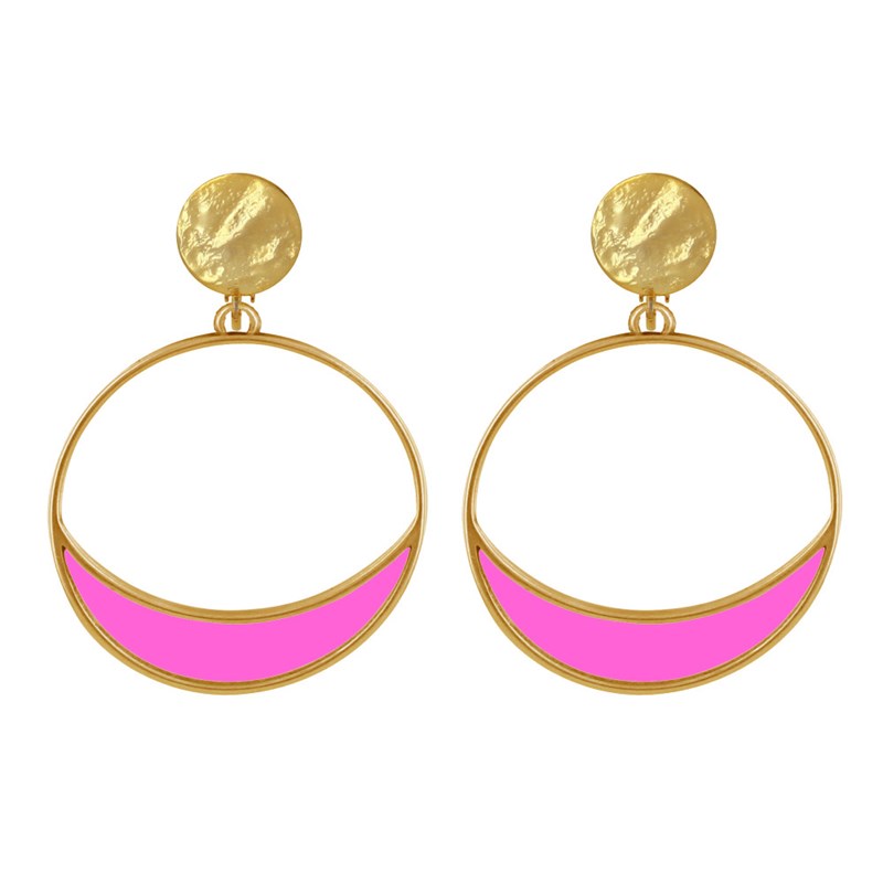 Boucles d'Oreilles Clip Métal Doré Cercle et Croissant de Lune Translucide Coloré