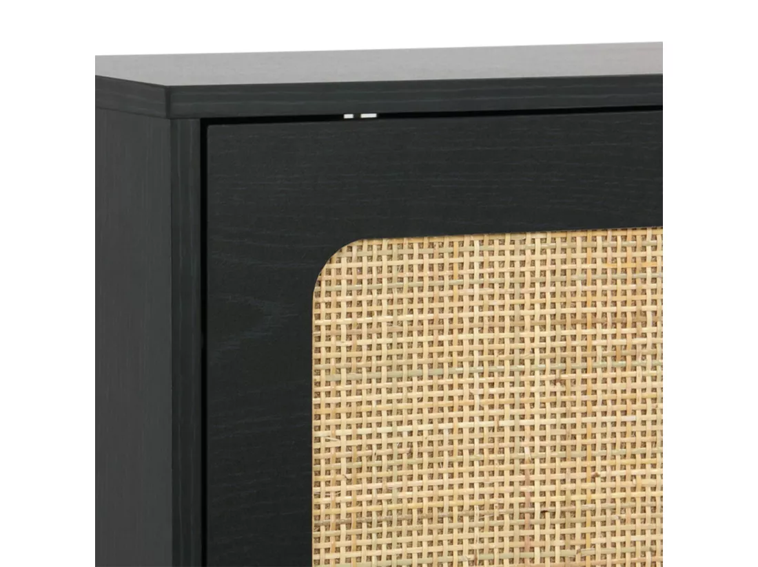 Meuble à chaussure cannage Bohème noir. 3 tiroirs. 1 porte. 21 paires. 120 x 24 x 125 cm