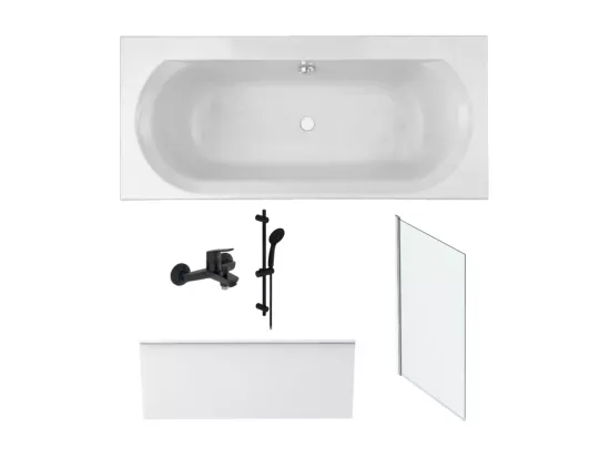 Pack baignoire 170 x 75 JACOB DELAFON Elise + tablier niche + pommeau et mitigeur bain noir Aimé + pare bain chromé + vidage