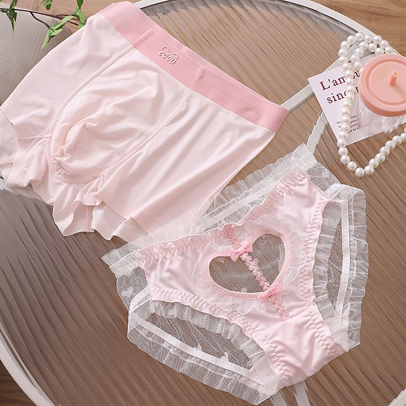 Pancherry - Matching set voor koppels: boxershort met letters + kanten slip met hartvormige uitsparing