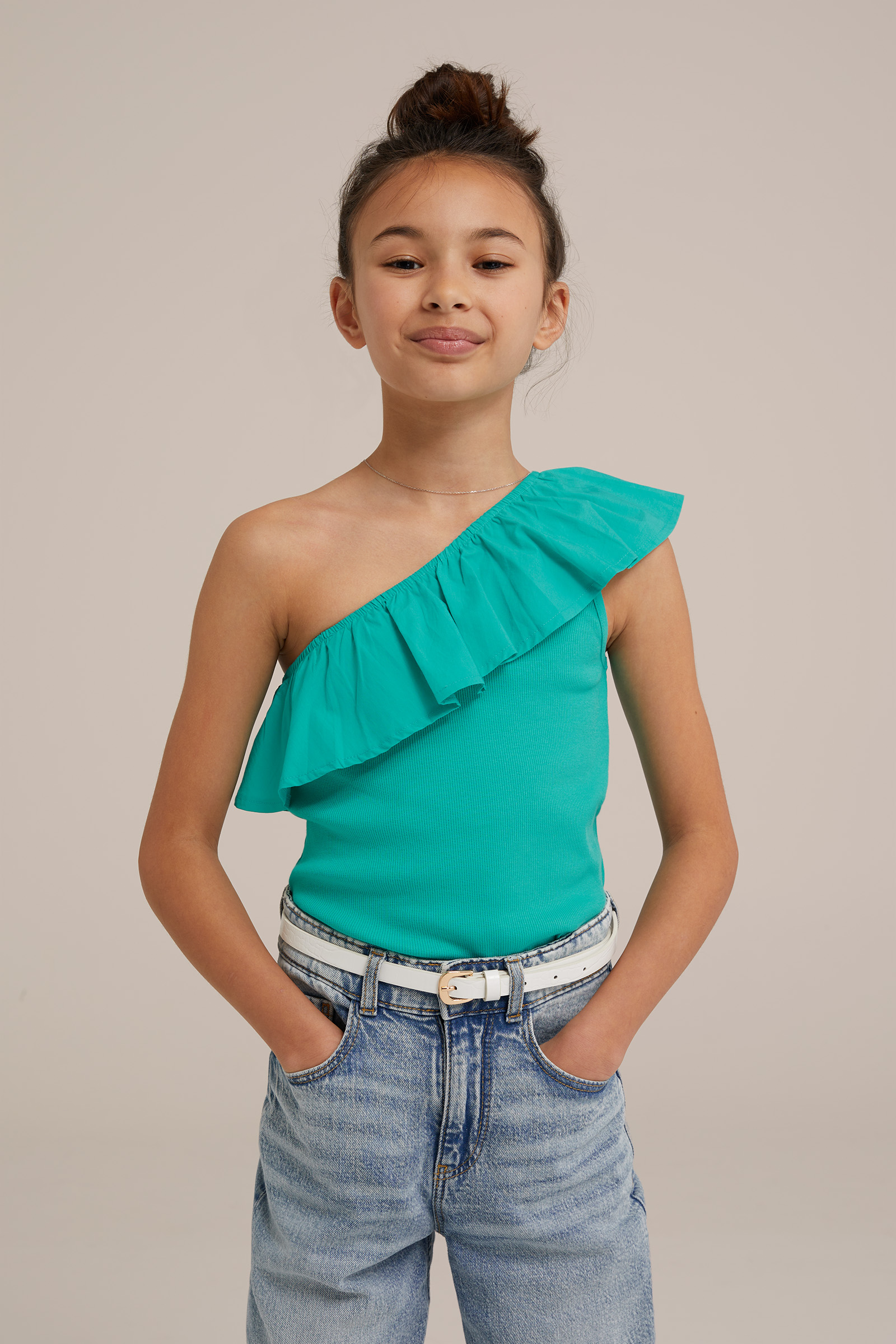 Meisjes one-shoulder top met ribstructuur WE Fashion Turkoois