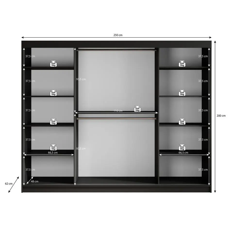 Meubella - Kledingkast Malavi 2 - Zwart - 250 cm - Met spiegel