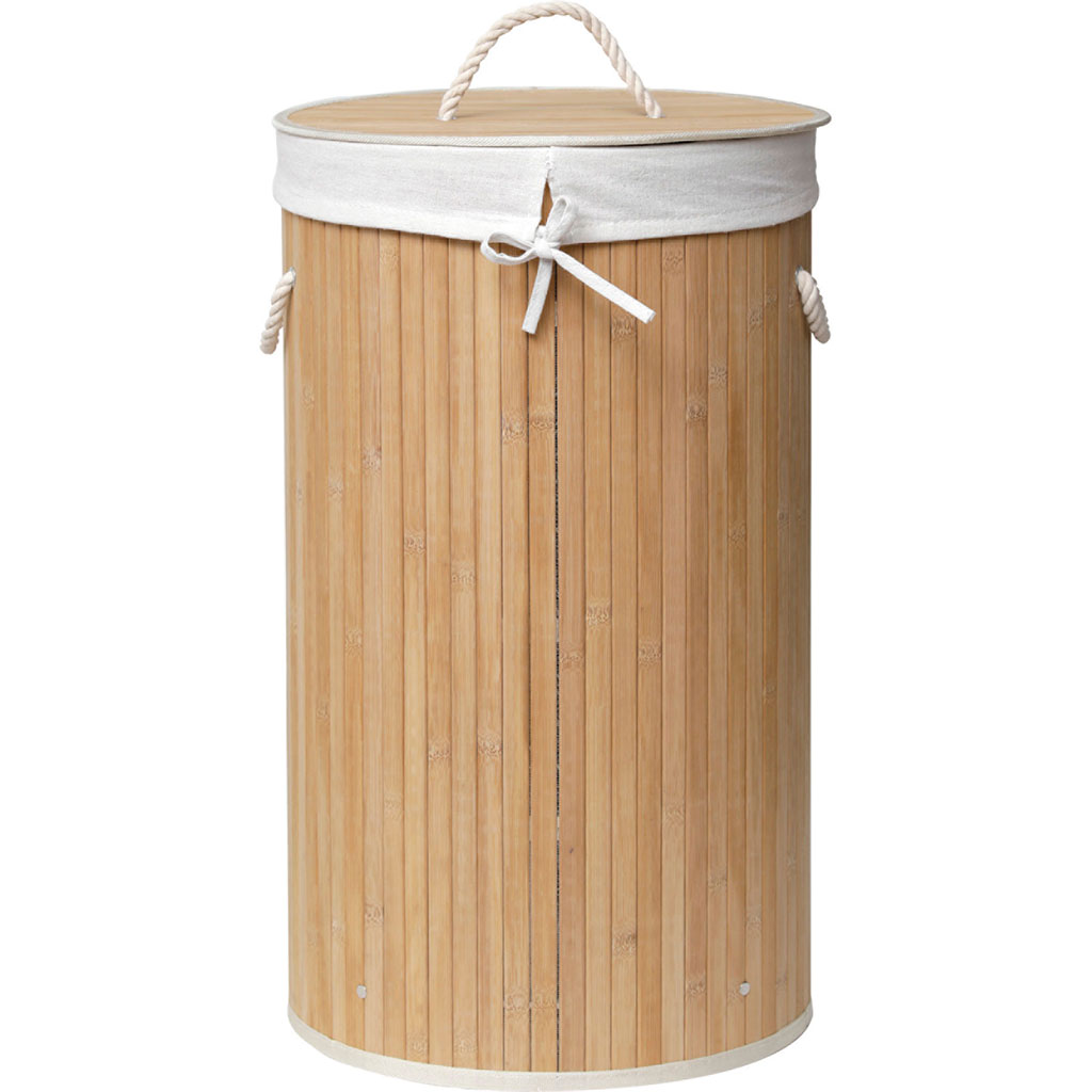 Panière à linge ronde bambou tissu lin 35x60x35cm