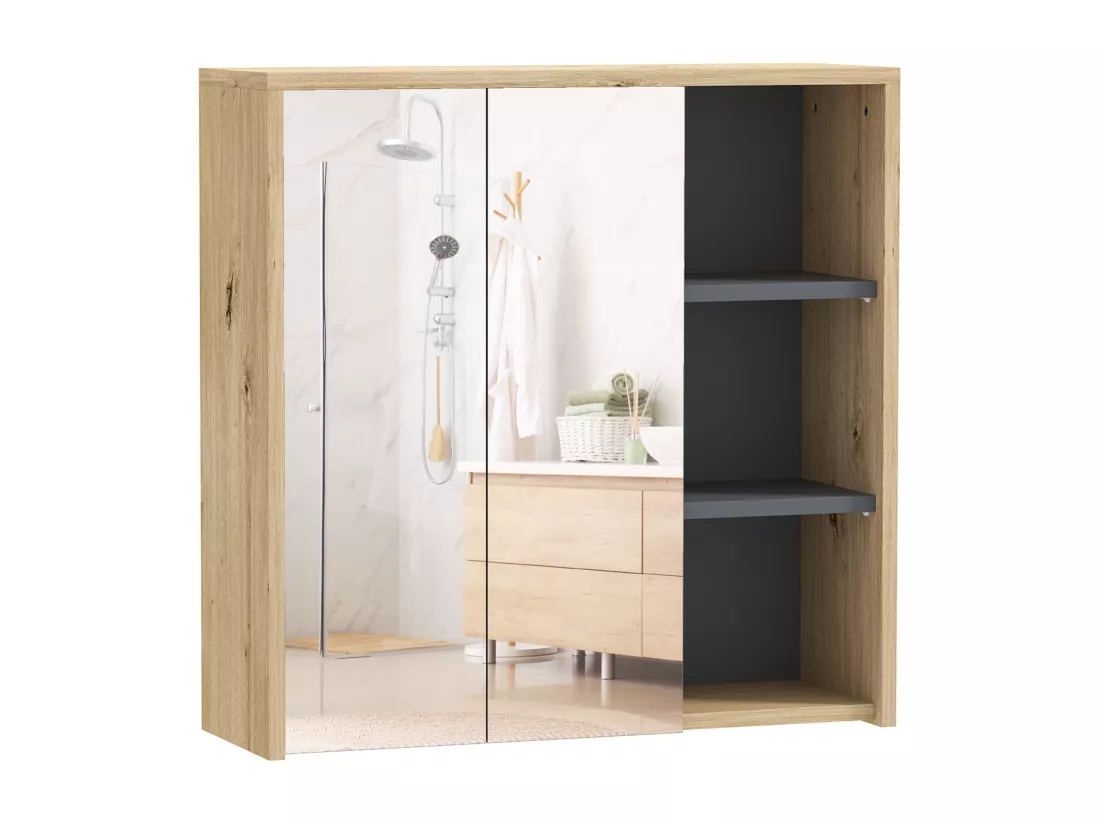 Armoire miroir de salle de bain - 2 portes, étagère, 3 niches - dim. 60 x 20 x 60 cm - effet bois clair naturel