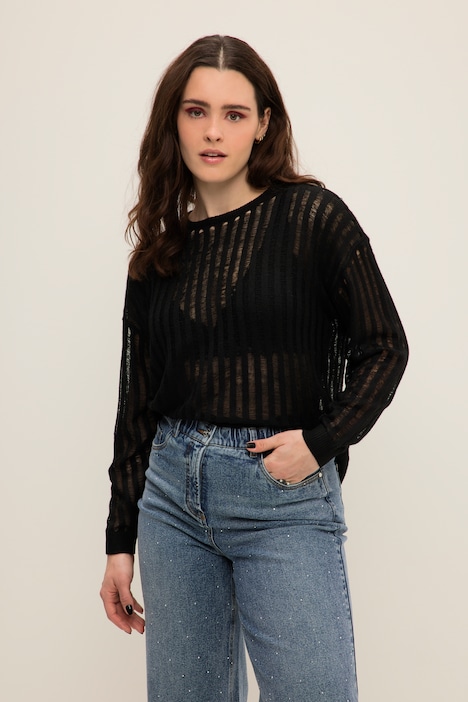 Pullover, Boxy Fit, transparenter Rippstrick, Rundhals, Langarm