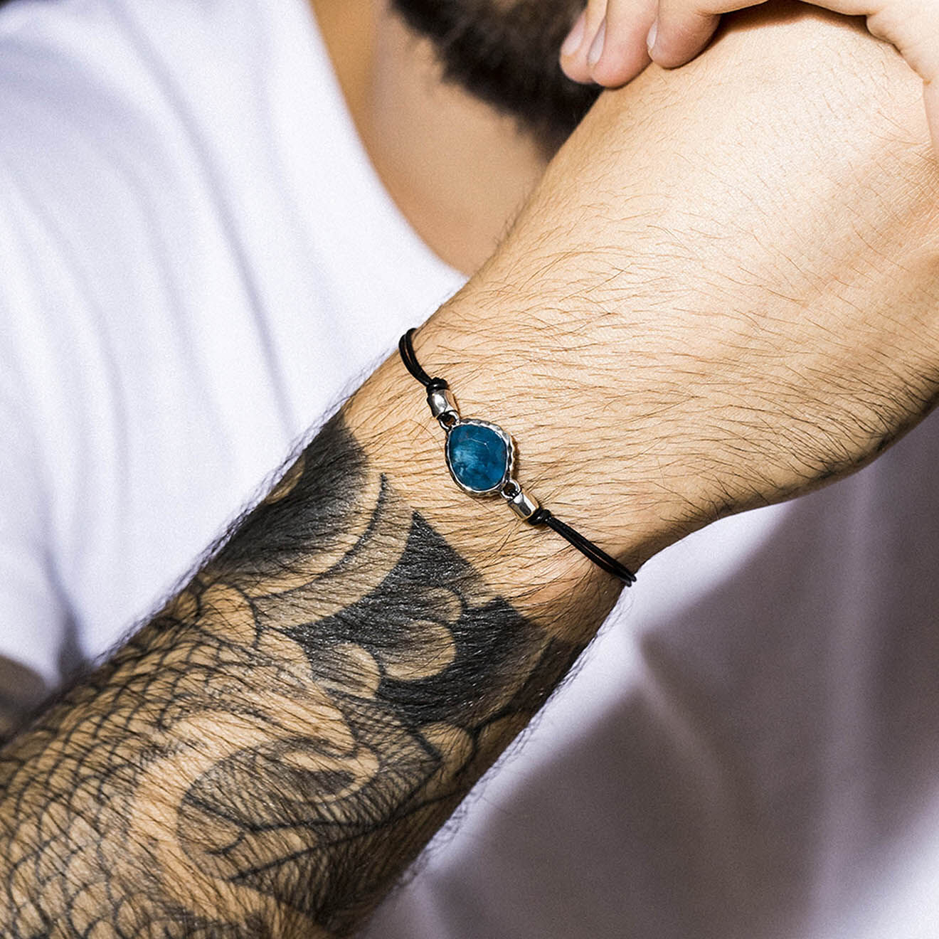 Rockstone Bracelet Kyle en Argent, Cuir & Labradorite bleue