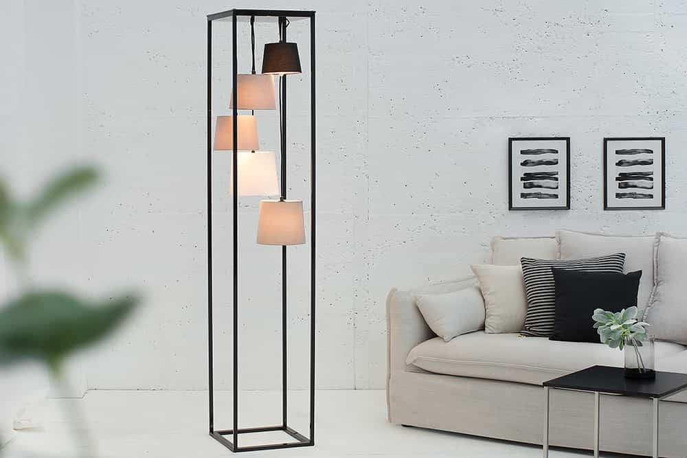 Design Stehlampe LEVELS 180cm schwarz grau 5 Leinenschirme