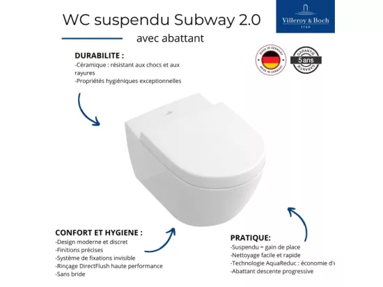 Pack WC suspendu sans bride VILLEROY ET BOCH Subway 2.0 + abattant + plaque chromée + bâti Grohe