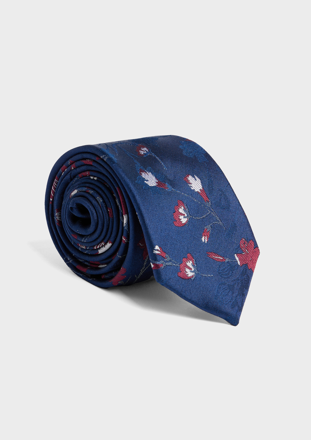 Cravate fine en soie bleu cobalt à motif fleuri rouge et blanc