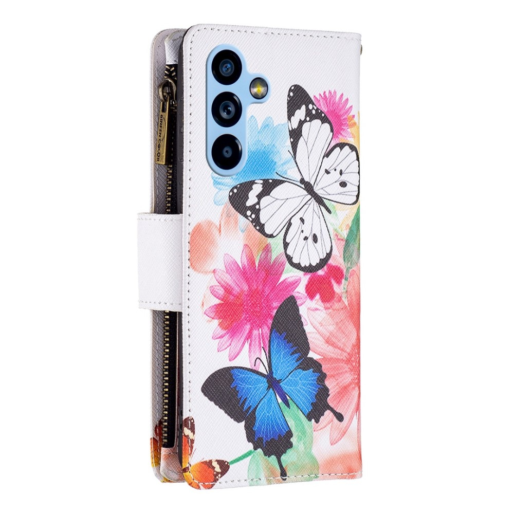 Samsung Galaxy A54 5G Leder Wallet Etui Tasche mit 9 Kartenfächern   Münzfach - Blumen & Schmetterlinge