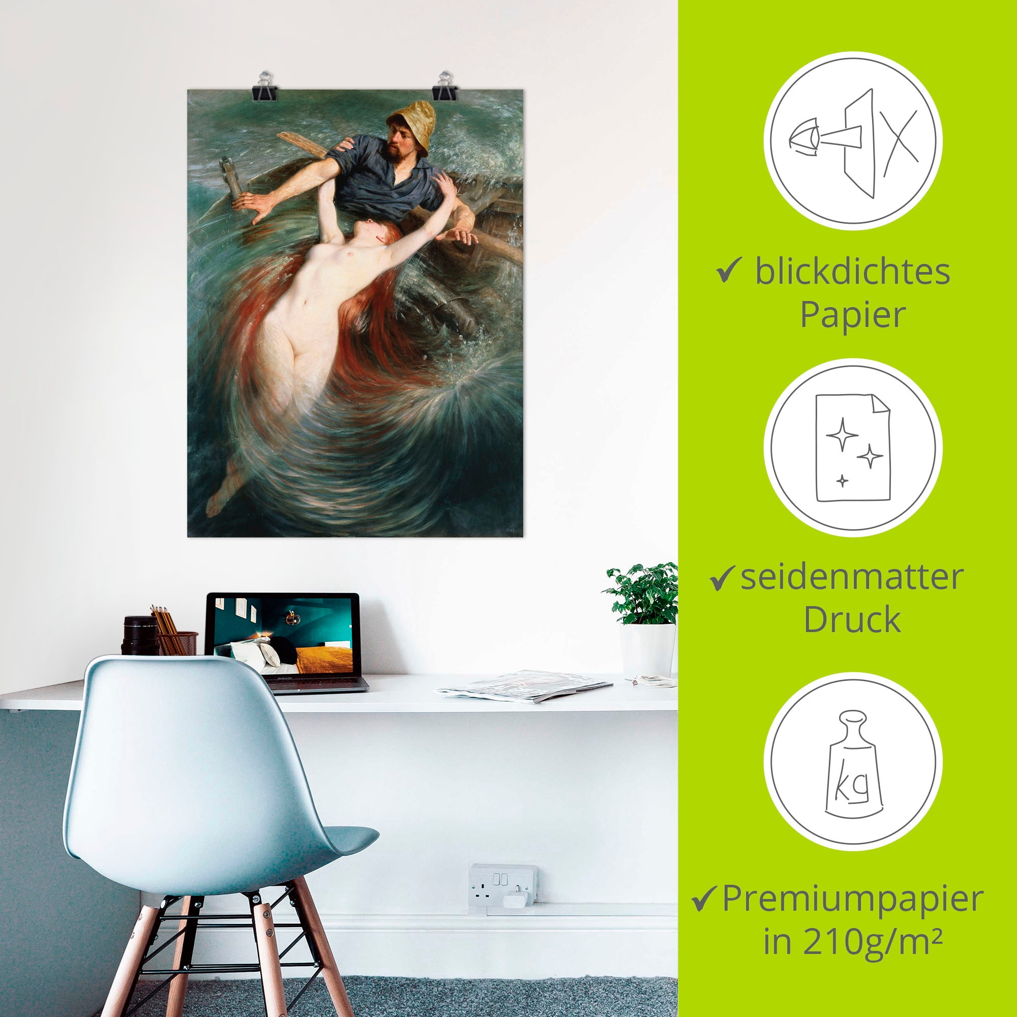 Artland Poster »Ein Fischer in den Fängen einer Sirene.« klassische Fantasie 1 Stk. tlg. als Leinwandbild, Poster in verschied. Grössen