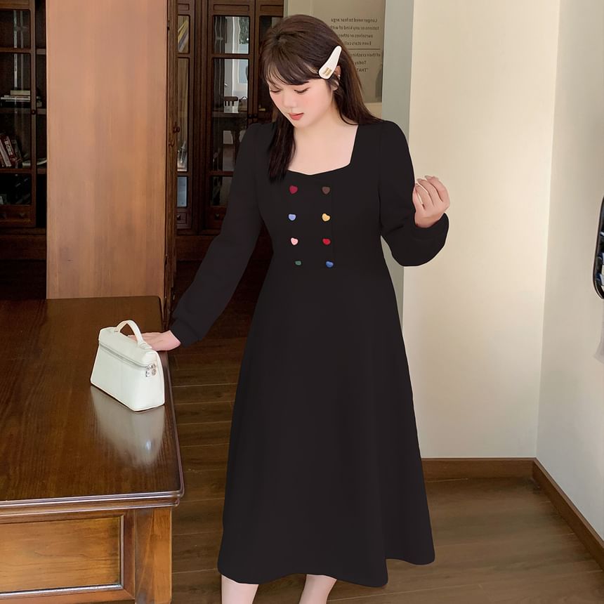 Tripoly - Plus-size lange mouwen vierkante hals effen maxi A-lijn jurk met hartvormige knopen