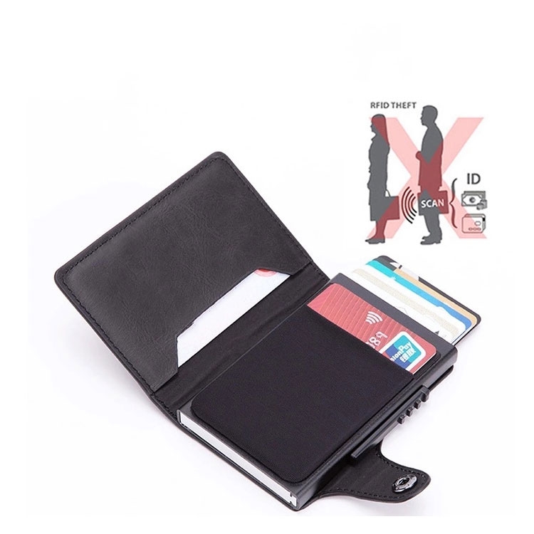 Mini Kreditkarten Leder Etui Geldbörse mit Kartenauswurf-Mechanismus für 8 Karten (RFID Schutz) - Dunkelblau