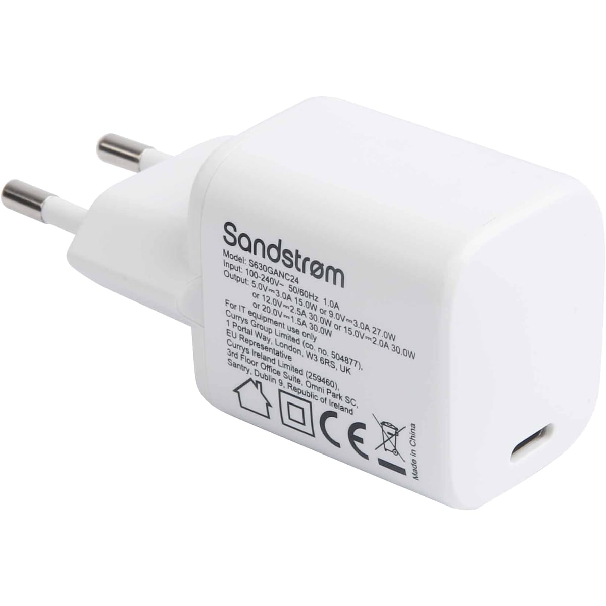 Sandstrøm USB-C 30W GaN lader med USB-C kabel