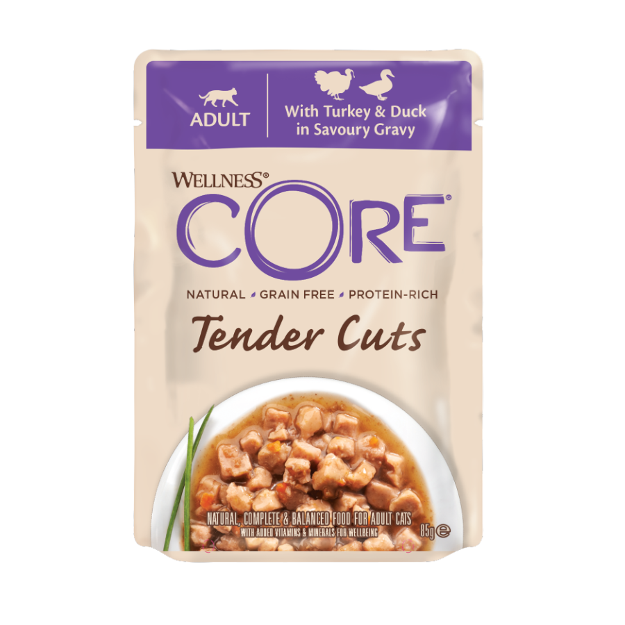 Sachê de 85g de Wellness Core Tender Cuts de frango e pato ao molho para gatos