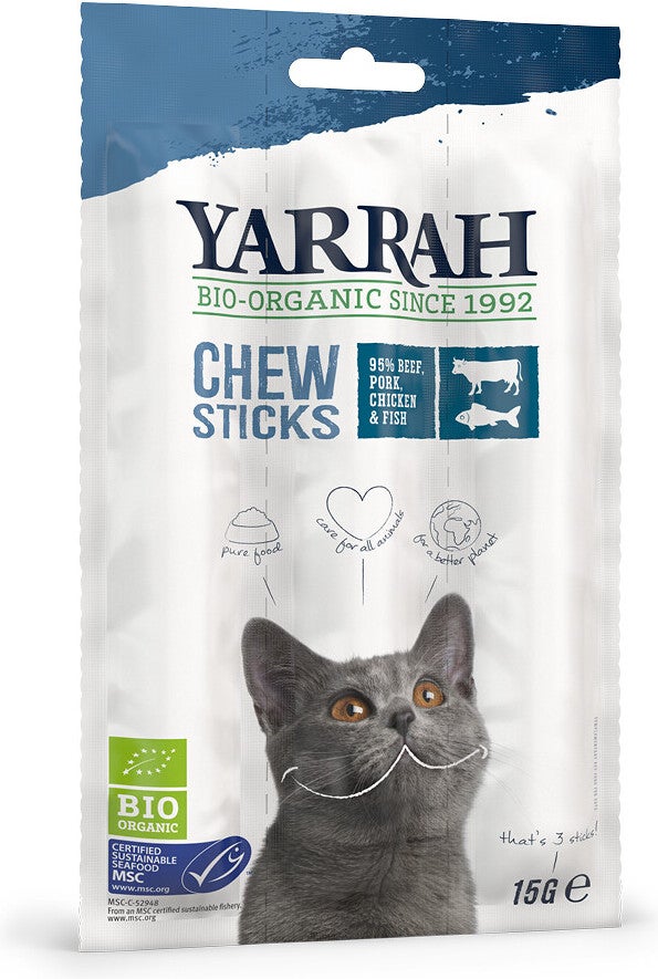 Yarrah biologisch kattensnack kauwsticks 15 g 3 stuks