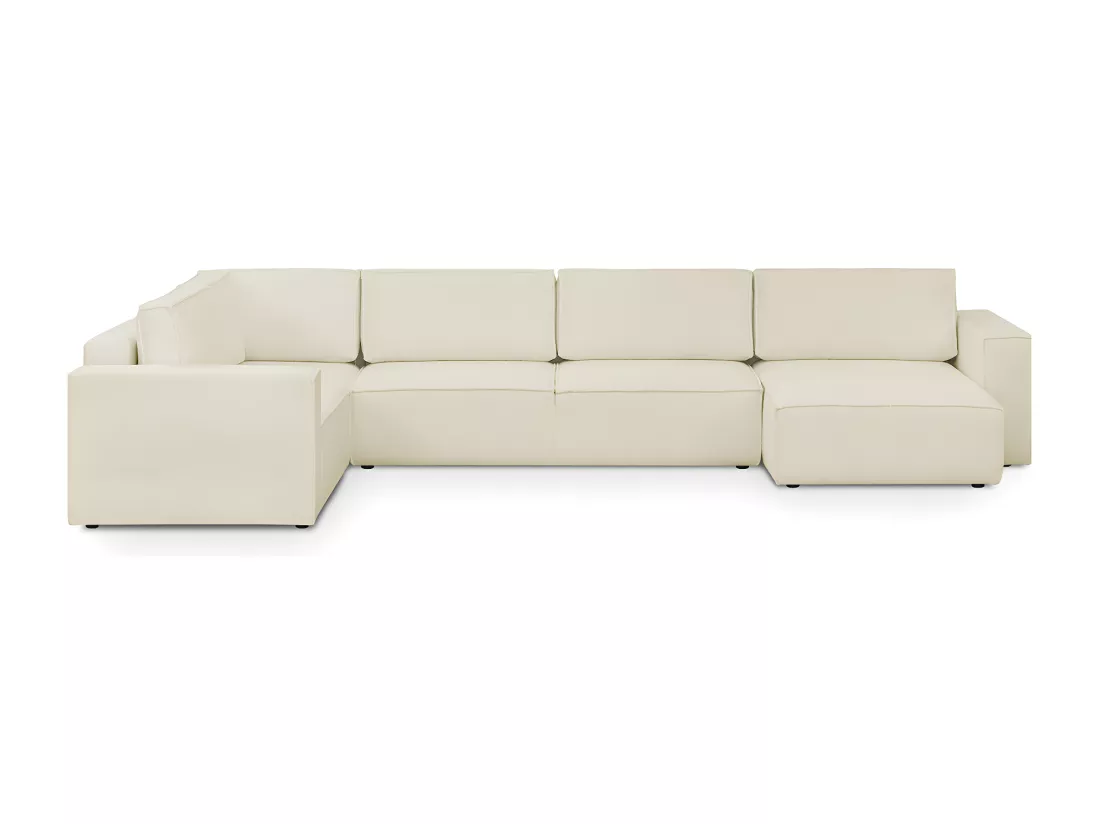 Canapé d'angle à gauche panoramique convertible modulable 8 places en tissu bouclé écru - Harper Mod