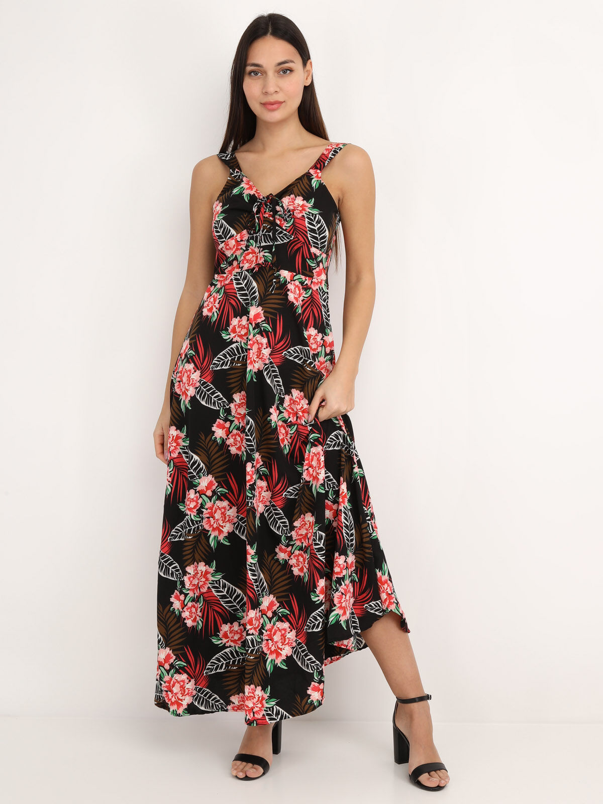 Robe longue dos nu à fleurs- Noir