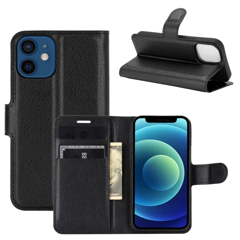 iPhone 12 Mini Leder Tasche Flip Cover Litchi Look - Schwarz