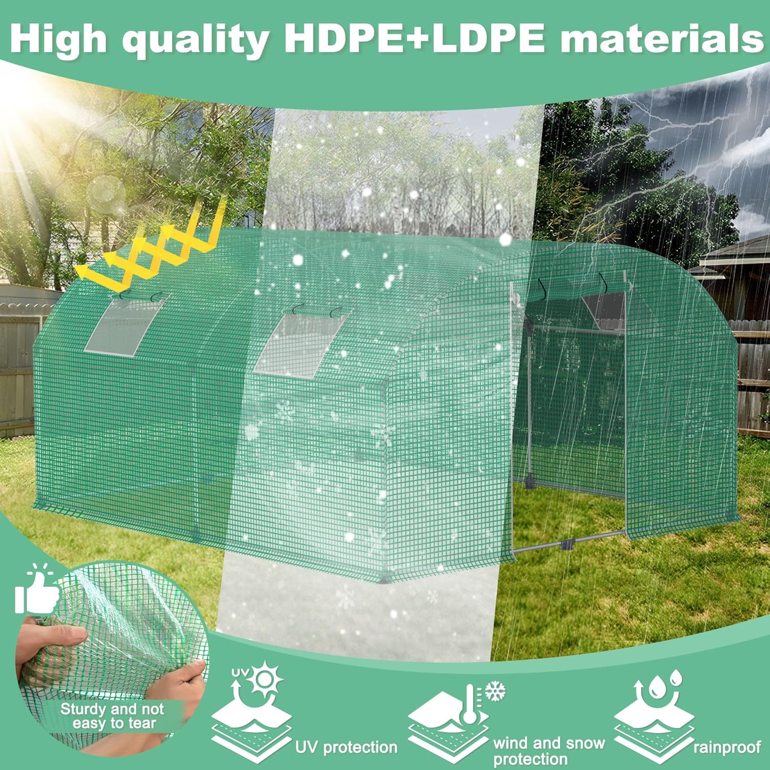 24㎡ Frostschutz Gartengewächshäuser aus Stahl Rahmen 3x8x2m HDPE Foliengewächshaus mit 8 Insektenschutzgitter Fenster & Tür Begehbares Gewächshaus Garten Überwinterungszelt für Pflanzen
