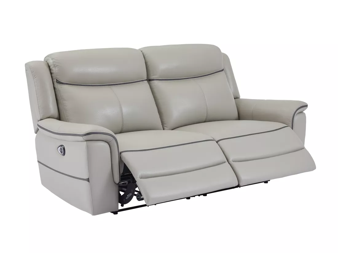 Canapé 3 places et fauteuil relax électrique en cuir gris clair ADELIO