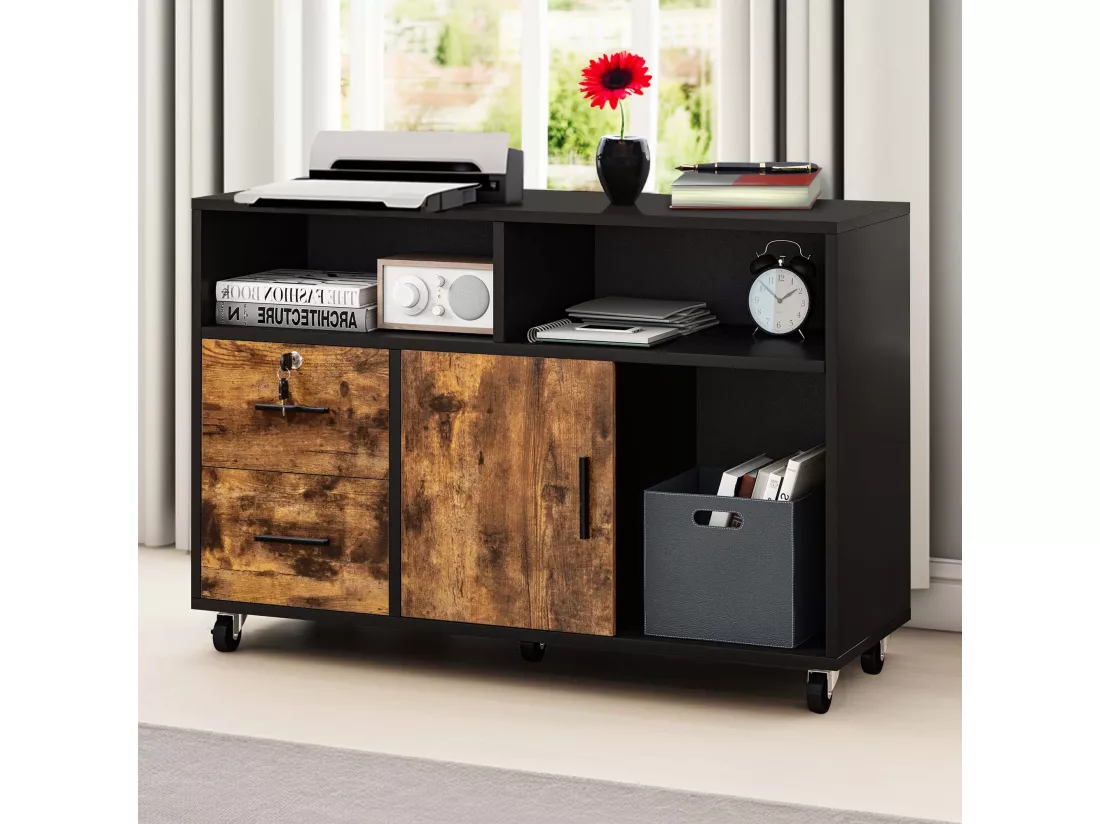 YITAHOME Classeur Mobile en Bois à 2 Tiroirs, Meuble avec Étagères de Rangement Ouvertes, Noir et Marron Rustique