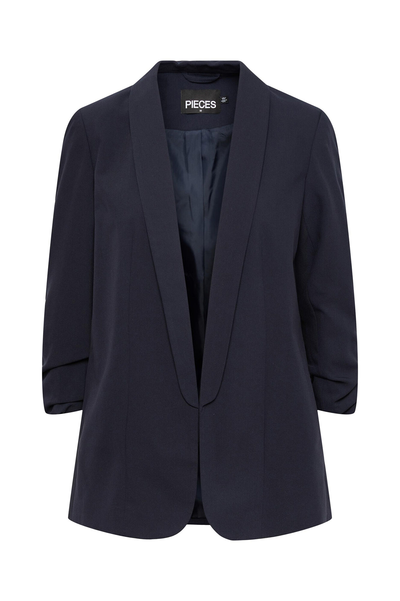 Blazer de manga 3/4 com detalhe de lapela e mangas franzidas. Sem botões.