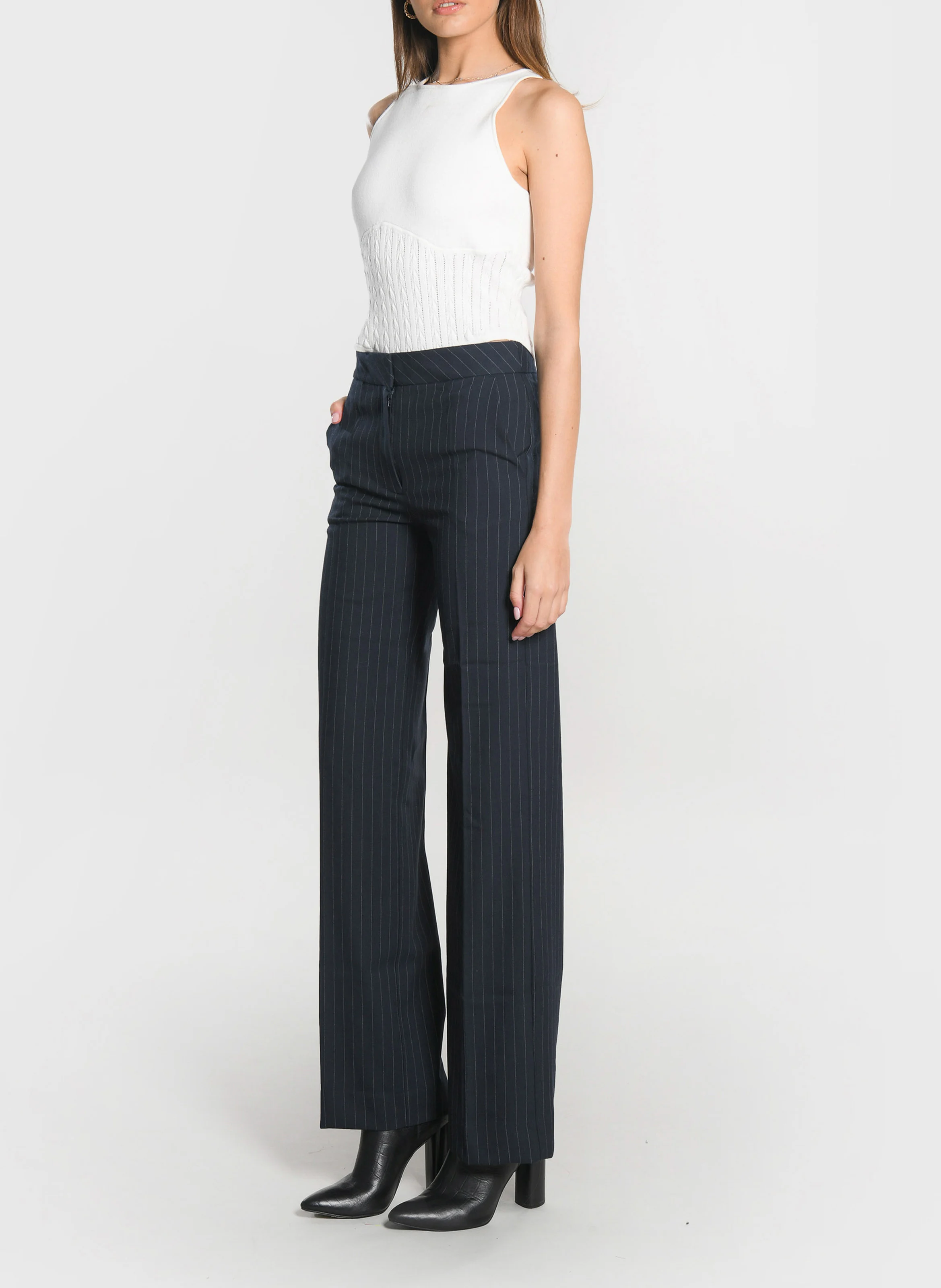 AUDREY - Pantalon de tailleur droit rayé| Bleu