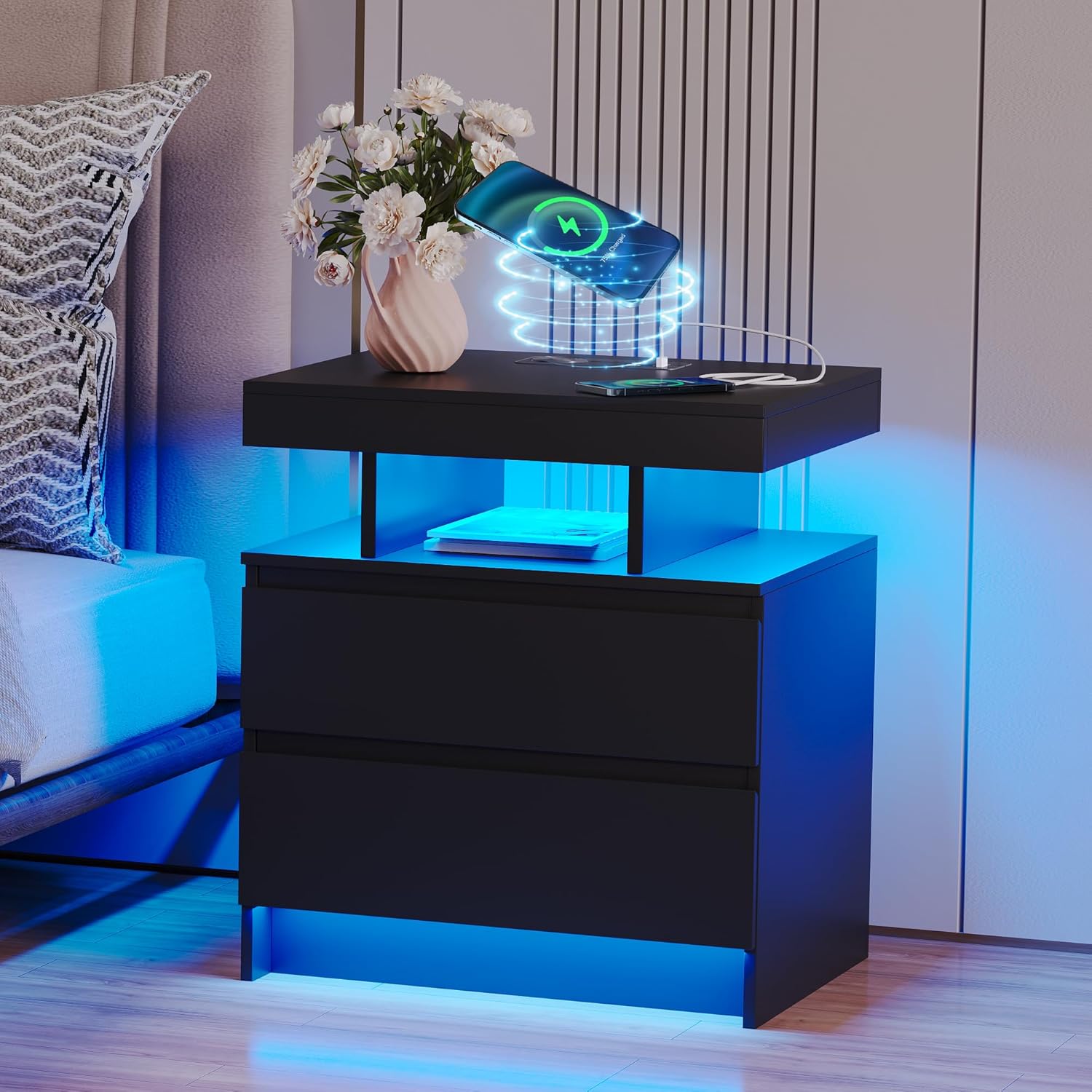 Vlsrka LED Nachttisch mit Ladestation, Nachttisch mit 3 Farben Licht, Smart Nachttische mit Drahtloses Laden, Nachtkästchen mit 2 Schubladen, Moderner Nachtschrank Schlafzimmer Wohnzimmer, Schwarz