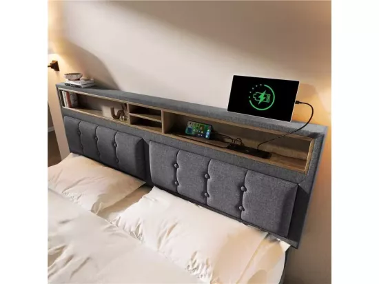 Lit coffre 160x200 cm en tissu lin - tête de lit réglable avec prises - avec sommier à lattes - Gris