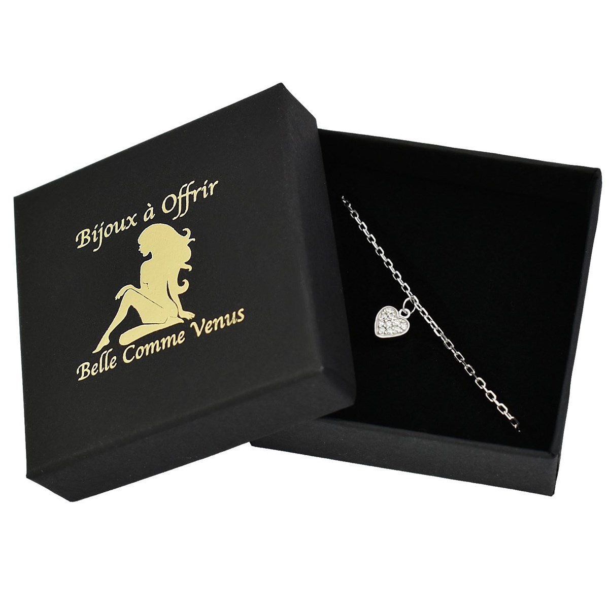Chaîne de cheville coeur pendant serti d'oxydes de zirconium Argent 925 Rhodié
