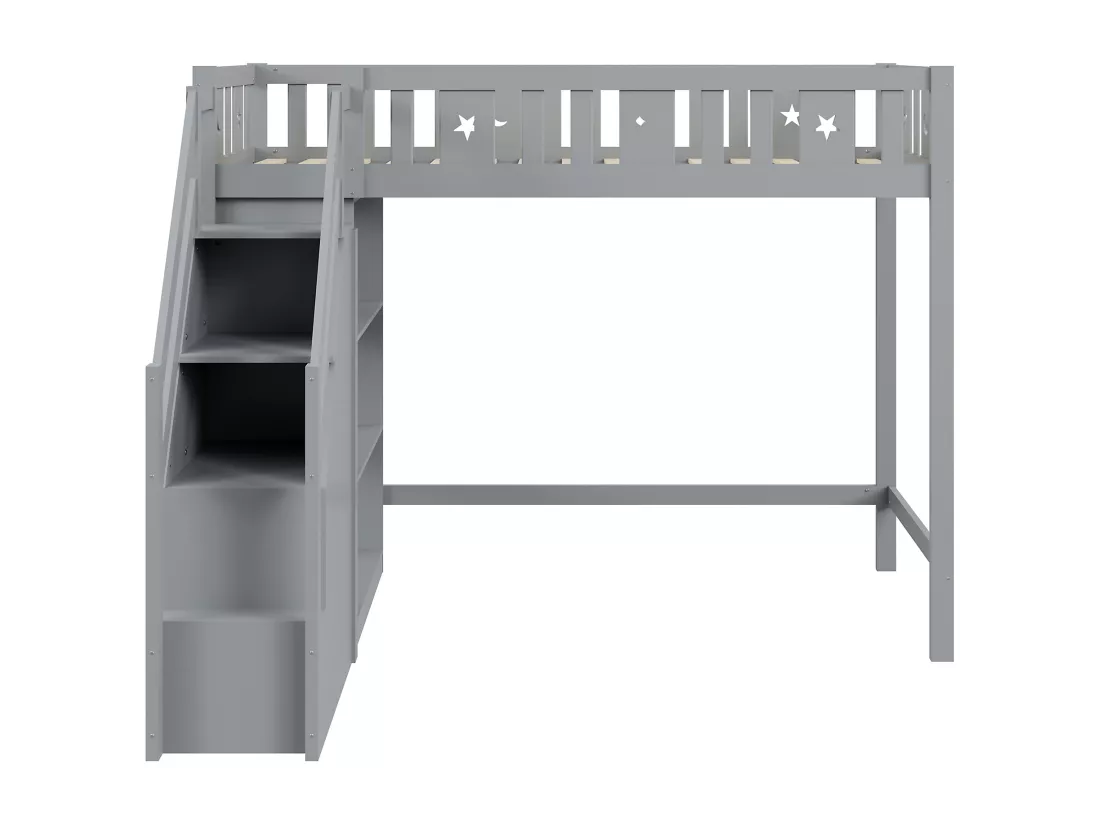 Lit mezzanine 90 x 200 cm avec échelle de rangement et étagères - Bois de pin et MDF - Gris