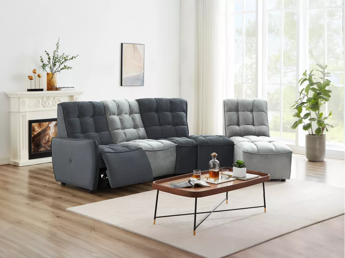 Canapé d'angle relax électrique modulable en velours gris clair et anthracite ALFORD