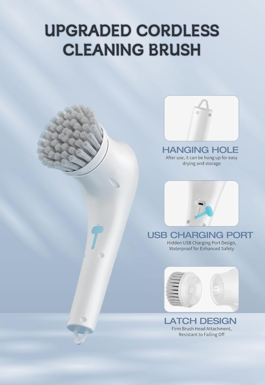 (6-tlg. Set) USB Reinigungs Bürste Elektrischer Spin Scrubber Power Schrubber mit 5 Aufsätzen - Weiss