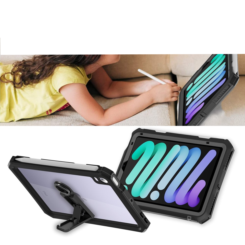 iPad Mini 7 (2024) / Mini 6 (2021) Wasserfeste Outdoor Schutz Hülle mit Kickstand Aufsteller (IP68) - Schwarz