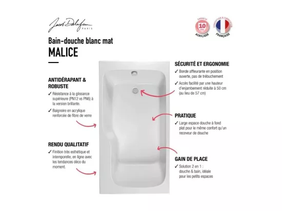 Baignoire bain douche JACOB DELAFON Malice 160 x 85 cm version Droite, Blanc mat