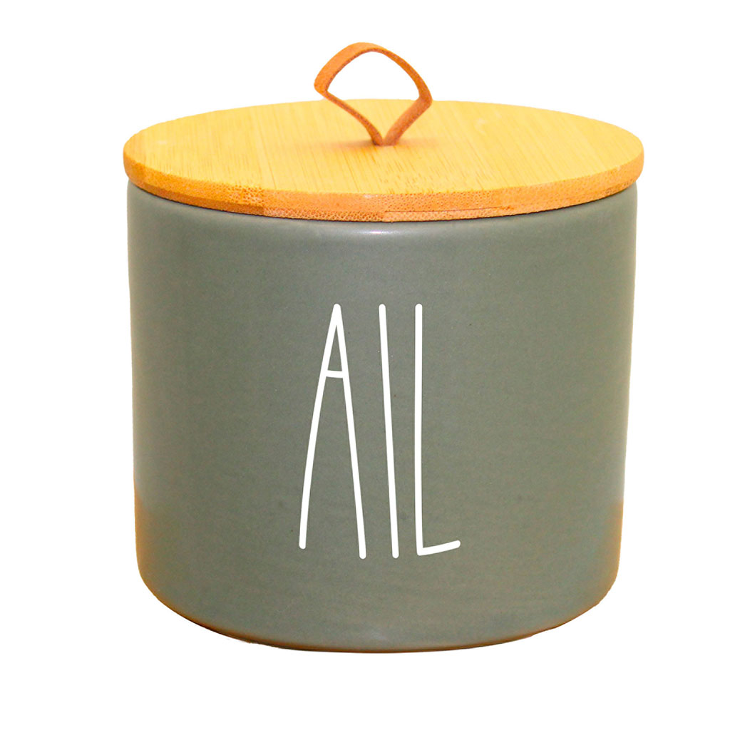 Pot à ail céramique et couvercle bambou vert D 9.6x9.1cm