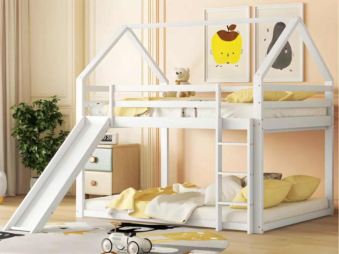 Lit superposé cabane avec toboggan et échelle - 140x200cm - cadre en pin massif - Blanc