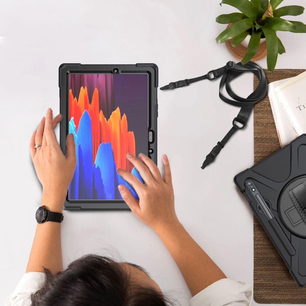 Samsung Galaxy Tab S8 / Tab S7 Hybrid Outdoor Silikon Case Hülle mit Aufsteller Handschlaufe Schultergurt   S-Pen Halterung - Schwarz