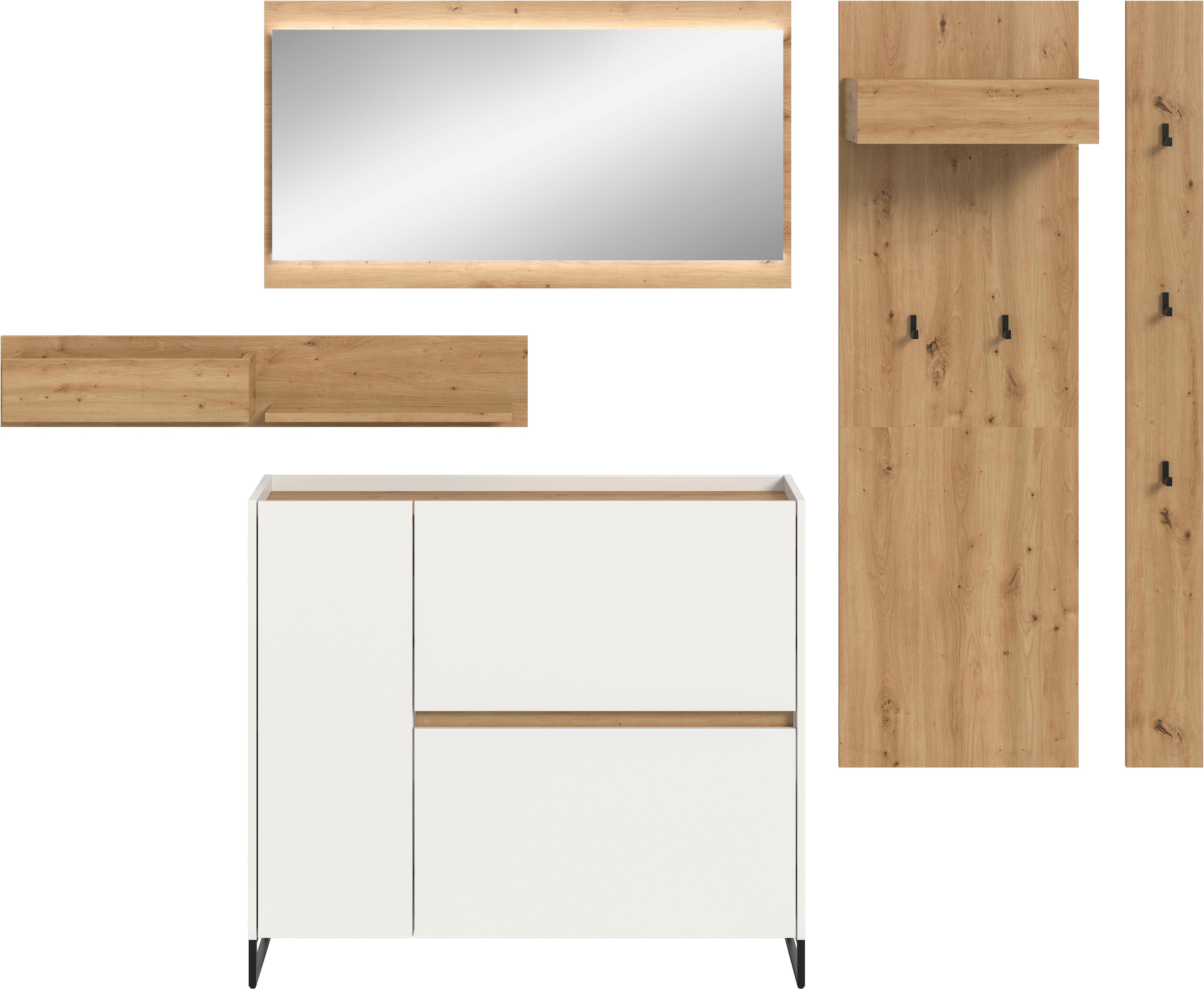 INOSIGN Garderoben-Set »EVRID, 5-teilig, Breite 236 cm, inkl. Beleuchtung« best. aus: Wandboard, Kommode, Spiegel, Garderobenpaneel, Hakenleiste, 5 Stk. tlg.