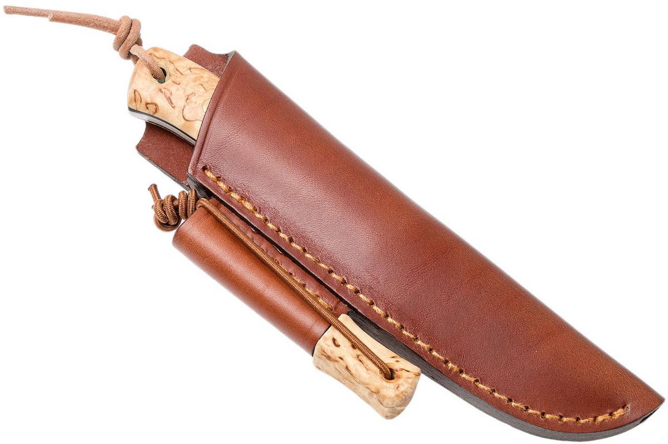 Casström Woodsman Knife Curly Birch, Slepiner Scandi Grind 10824 met firesteel