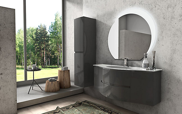 Meuble sous vasque gris anthracite Vague 138 cm + complément gauche et droit + plan vasque en verre