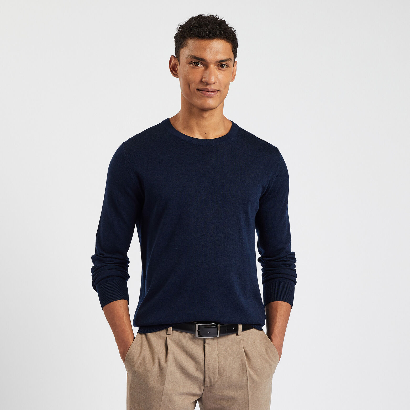 Pull col rond en laine mérinos Bleu moyen