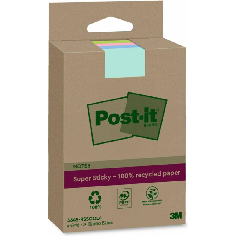 Bloc-notes post-it super sticky grand format recycles 102x152mm 45f repositionnables lignes col. assortis pack 4 blocs